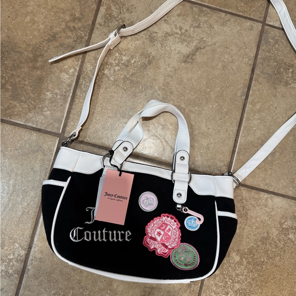Juicy Couture Black and White Shoulder Bag with Crest Patches